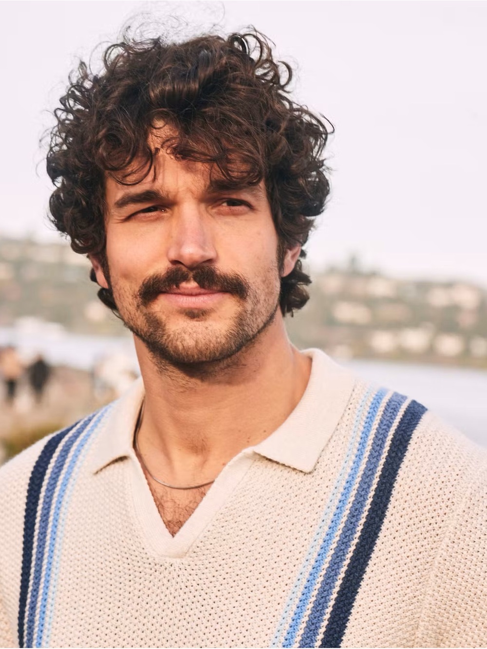 Marine Layer Conrad Sweater Polo Cream Knit Polo with Blue Stripe Accents - Picture 8 of 9